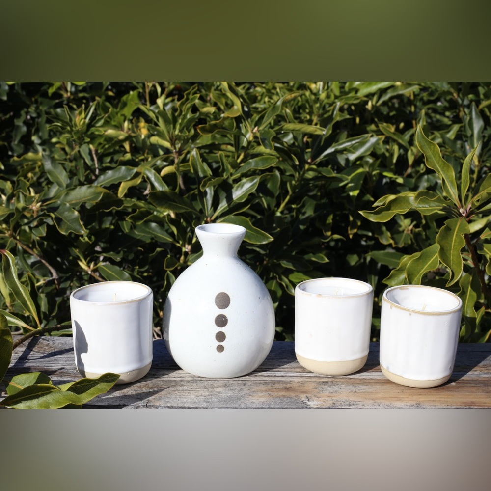 CB2 ceramic sake set of hand poured candles
